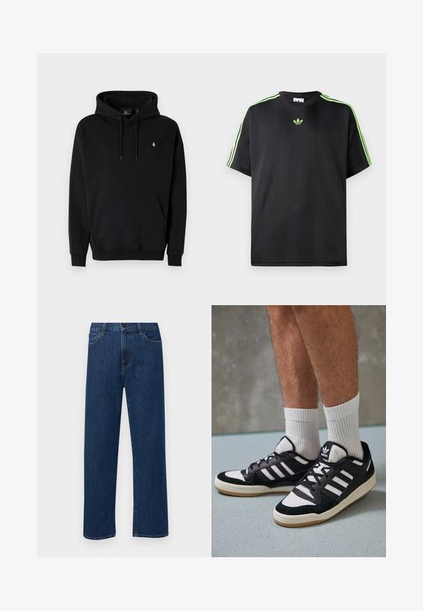 Black hoodie made of cotton blend with a kangaroo pocket, drawstring hood, ribbed cuffs, and a small logo on the left chest.; Black T-shirt made of smooth fabric with a crew neckline, featuring three green stripes on the shoulders and a small green logo on the chest.; Dark blue straight-leg denim jeans with front pockets and a button closure, displayed on a plain white background.; Black and white sneakers with a suede and leather upper, featuring three white stripes, a perforated toe, and a gum rubber sole.