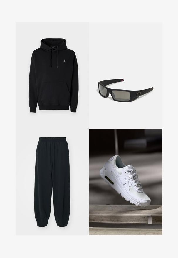 Schwarzer Hoodie aus Baumwollmischung mit Kängurutasche, verstellbare Kapuze, gerippte Bündchen und einem kleinen Logo auf der linken Brust.; Schwarze Sweatpants mit elastischem Bund, lockerer Passform, gerippten Beinabschlüssen, glatter Textur und ohne sichtbare Muster oder Hardware-Akzente.; Weiße Nike Air Max 90 Sneaker mit einem Obermaterial aus Mesh und Leder, durchlässigem Zehenbereich und einer sichtbaren Air-Einheit in der Ferse.; Schwarze Sonnenbrille mit matter Oberfläche, rechteckigen Gläsern, leichtem Bogen an den Schläfen, dezentem Logo-Detail und rauchgetönten Gläsern.