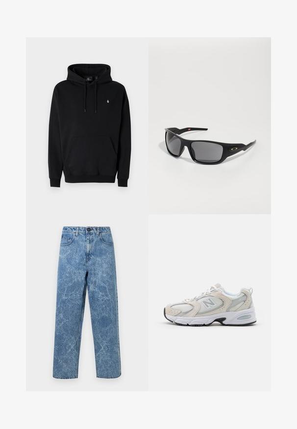 Black hoodie made of cotton blend with a kangaroo pocket, drawstring hood, ribbed cuffs, and a small logo on the left chest.; Blue acid-wash denim jeans with a straight-leg cut, front button, belt loops, and five-pocket styling.; Athletic shoe featuring a light gray mesh upper with suede accents, white laces, and a black rubber sole. Notable ABZORB cushioning detail.; Black sunglasses with a rectangular shape, made of durable plastic, featuring gray tinted lenses and a gold accent on the side.