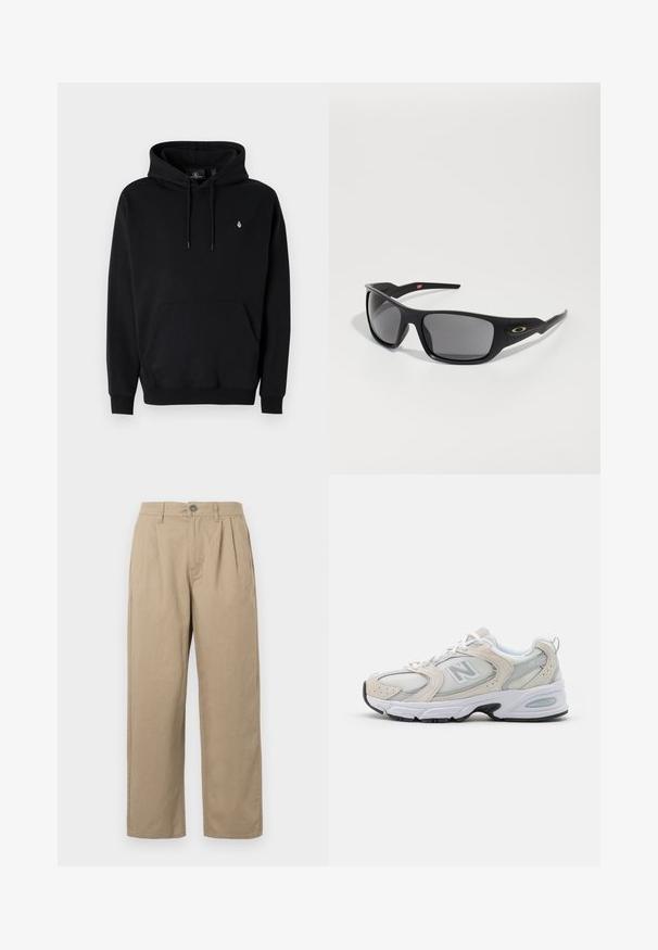 Felpa nera in misto cotone con tasca a marsupio, cappuccio con coulisse, polsini a coste e un piccolo logo sul lato sinistro del petto.; Pantaloni beige a vita alta con pieghe, passanti per cintura, chiusura con bottone e gambe dritte su uno sfondo bianco.; Scarpa sportiva con tomaia in mesh grigio chiaro e accenti in suede, lacci bianchi e suola in gomma nera. Dettaglio di ammortizzazione ABZORB notevole.; Occhiali da sole neri con forma rettangolare, realizzati in plastica resistente, con lenti grigio scure e un accento dorato sul lato.