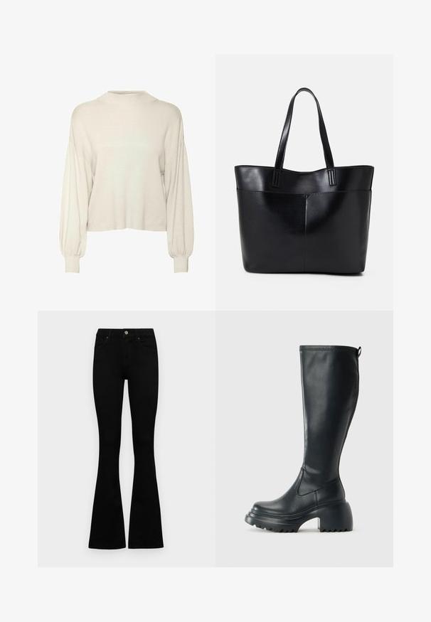 Kreemikas, lühike sviiter ribikujundusega, pikkade puffvarrukatega ja kõrge kaelusega. Pehme kangas ja vabalt liibuva soe mudel.; Mustad kõrge vöökohtadega teksad, millel on nööp ja lukuga sulgemine, esikäe taskud ja laienevad sääred, asetatud tasasele valgele taustale.; Kõrge must nahksaapad, millel on massiivne platvormi tald ja blokk-kand, varustatud tõmbenööriga ja tekstuuriga väljatõmbejääk.; Must mustaga musta nahast, millel on kaks pikka kanda, sile tekstuur ja struktureeritud kuju. Esipoolsel on lisakoti jaoks tasku.