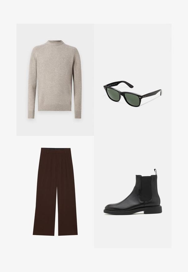 Világosszürke pulóver, puha anyagból készült. Jellemzői a bordázott kerek nyak, hosszú ujjak és a testhezálló bordázott alja. Diszkrét logó a mellkason.; Barna, széles lábú nadrág, plisszézett részleggel. Simább anyagból készült, szabott derékkal és oldalsó zsebekkel rendelkezik. Lapos szegéllyel az alsó részen.; Fekete bőr bokacsizma sima felülettel, elasztikus oldalsó panelekkel és egy húzófüllel. Kerek orr és lapos gumi talp minimális bordázattal.; Fekete műanyag napszemüveg zöld lencsékkel, négyzet alakú kerettel, ezüst díszítéssel a keret felső részén, valamint texturált szárakkal. A márka neve a belső száron található.