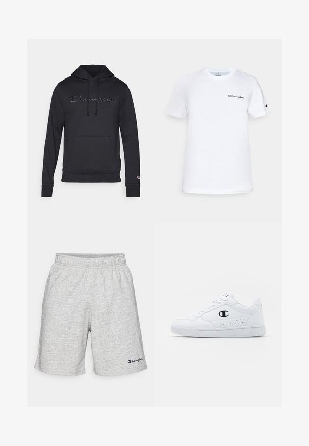 Moletom preto feito de tecido macio, com bolso frontal tipo pouch, capuz com cordão e logótipo "Champion" em bordado escuro ao longo do peito.; T-shirt de algodão branco com decote redondo, mangas curtas e um logótipo "Champion" bordado a preto no peito e como detalhe na manga.; Calções de material jersey cinza com um cós elástico e um logótipo da "Champion" azul-marinho no canto inferior esquerdo.; Sapatilhas brancas de desporto com um cabedal sintético liso, detalhes em preto no logótipo e perfurações na lateral. Sola em borracha.