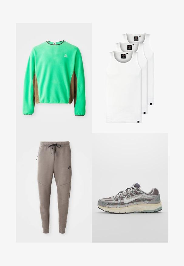 Zöld bolyhos pulóver barna oldalsávokkal, hosszú ujjakkal és kerek nyakkivágással, kis logóval a mellrészen.; Három fehér csíkos pamut trikó. Felső része kerek nyakkivágású, és a szegély közelében kis fekete címkék találhatók. Több méretben elérhető.; Szürke Nike melegítőnadrág húzózsinórral a deréknál, keskeny lábakkal, oldalsó zsebekkel és jellegzetes varrás részletekkel. Puha, texturált anyag.; Szürke sportcipő, hálós és velúr felsőrésszel, fehér részletekkel, párnázott talppal és jellegzetes dizájnnal, amely visszaverő elemeket tartalmaz.