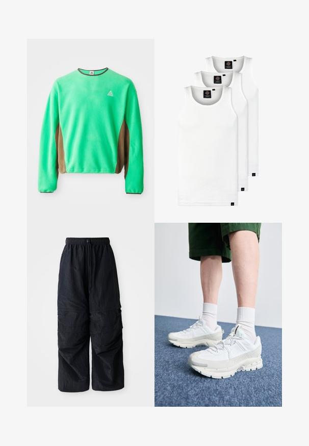 Sweatshirt de polar verde com painéis laterais castanhos, mangas longas e um decote redondo com um pequeno logótipo no peito.; Três tops em algodão de alças brancas com nervuras. Apresentam um decote redondo e pequenas etiquetas pretas perto da bainha. Disponíveis em vários tamanhos.; Calças de cargo leves em nylon preto, com cintura elástica, cordão ajustável e múltiplos bolsos em camadas nas pernas.; Sapatos atléticos brancos com sobreposições texturizadas, sola espessa e detalhes em cinza. Usados com meias brancas até ao tornozelo e calções verdes sobre uma superfície azul.