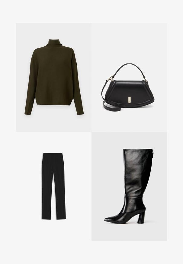 Mörk olivgrön, långärmad stickad tröja med hög krage och avslappnad passform, uppvisad mot en enkel ljus bakgrund.; Svarta skräddarsydda byxor med rak bendesign, som har framfickor och ett slätt, strukturerat tyg. Prydlig, minimal detaljer.; Knä-höga svarta läderstövlar med spetsig tå, slät yta och kraftig klack. Har en dragkedjedetalj på baksidan.; Svart läderhandväska med en strukturerad design, som har en avskuren form, ett handtag upptill och guldiga detaljer. Justerbar axelrem ingår.