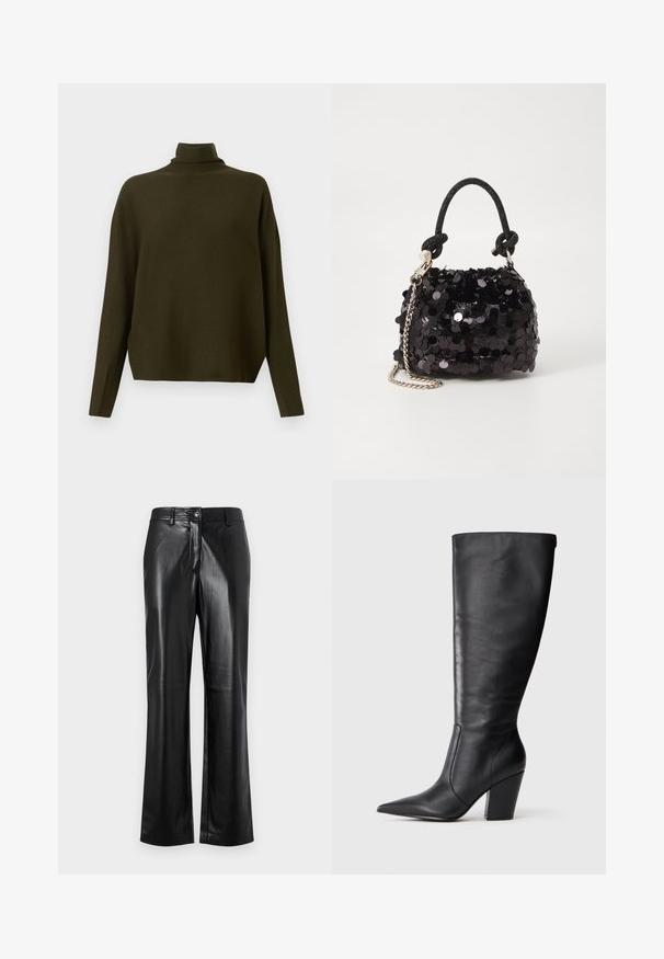 Długi sweter z dzianiny w ciemnooliwkowym kolorze, z wysokim kołnierzem i luźnym krojem, prezentowany na jasnym, jednolitym tle.; Czarne skórzane spodnie o prostym kroju nogawki, z zapięciem na guzik z przodu, szlufkami na pasek oraz gładką, wypolerowaną fakturą.; Czarny skórzany botek do kolan z wydłużonym czubkiem i masywnym obcasem, pokazany w lewym profilu na białym tle.; Czarna mini torebka z cekinami, z węzłowym, teksturowanym paskiem i srebrnym łańcuchem. O zaokrąglonym kształcie z marszczoną górą i refleksyjnymi detalami.