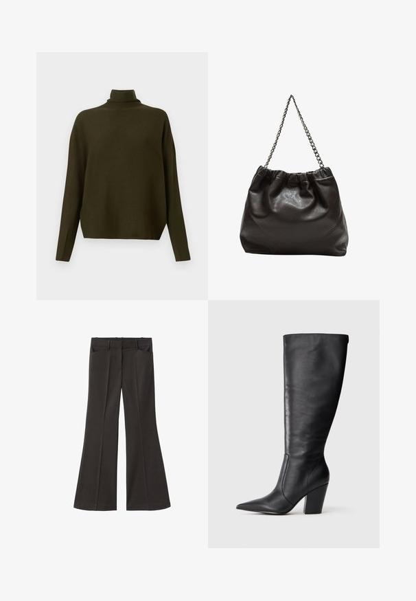 Dunkelolivgrüner, langärmeliger Strickpullover mit hohem Kragen und lockerer Passform, vor einem schlichten, hellen Hintergrund präsentiert.; Schwarze, weit geschnittene Hosen mit hoher Taille; verfügt über zwei Fronttaschen und eine glatte Stoffoberfläche. Geeignet für verschiedene Anlässe.; Schwarze kniehohe Lederstiefel mit spitzem Zehen und klobigem hohen Absatz, von der linken Seitenansicht auf weißem Hintergrund gezeigt.; Braune Lederhandtasche mit gerafftem Oberteil und Kettenriemen. Glatte Textur mit glänzendem Finish und subtilen Nahtdetails an den Seiten.