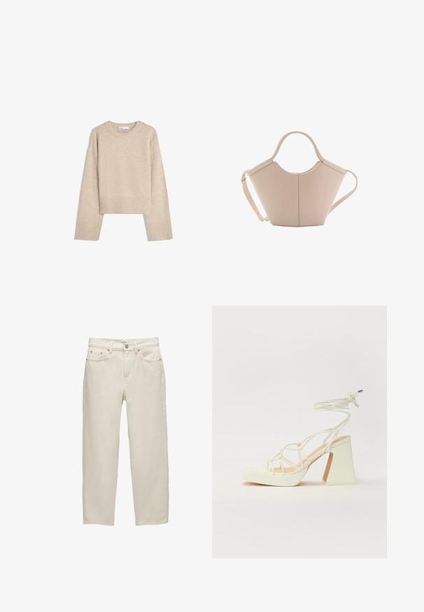 Béžový skrátený sveter vyrobený z mäkkého pleteného materiálu. Má okrúhly výstrih, dlhé rukávy a rebrované manžety a lem pre dodatočnú textúru.; Biele riffelované džínsy s voľným strihom, rovný strih nohavíc, dizajn s piatimi vreckami a kovovými doplnkami s jemnou textúrou.; Biele sandále na vysokom opätku s hrubým podpätkom, s pruhovaným dizajnom a viazaním na členku. Hladký povrch s platformou vpredu pre zvýšenú výšku.; Béžová kožená kabelka s unikátnym tvarom, vybavená dvoma krátkymi uchami a jedným dlhým nastaviteľným popruhom. Hladký povrch s minimálnym kovovým príslušenstvom.