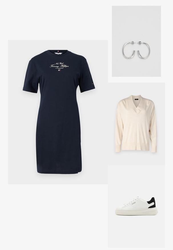 Beige neule, jossa on V-pääntie ja pitkät hihat. Valmistettu pehmeästä, kevyestä kankaasta. Ominaisuuksiin kuuluu rento istuvuus sekä ribbireunat hihoissa ja helmassa.; Navyssä puuvillassa valmistettu t-paitamekko, jossa on lyhyet hihat. Edessä on valkoista brodeerattua tekstiä "New York Tommy Hilfiger" ja logo-yksityiskohta hihassa.; Valkoiset nahkakengät paksulla valkoisella pohjalla, mustalla mokkanahkaosuudella kannassa ja kohokuvioitu logo sivulla. Nauhakeskitys kuudella reiällä.; Hopehopeet hopehopeet hopehopeet hopehopeet, jolla on sileä, kiiltävä pinta. Pyöreä muoto, kevyt rakenne, jossa on neulakiinnitys.