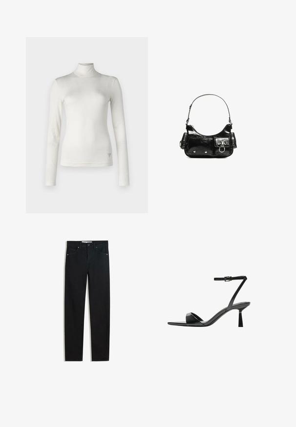 Haut à col roulé blanc à manches longues en tissu doux à la texture lisse. Présente un accent logo subtil sur le côté inférieur.; Pantalons en denim noir avec une coupe droite, cinq poches, fermeture à bouton en métal, et détails de couture subtils. Texture lisse.; Bershka Sandales à talons hauts - black; Sac à main en cuir verni noir avec une forme incurvée, une bandoulière, des poches avant et des accents en métal argenté.