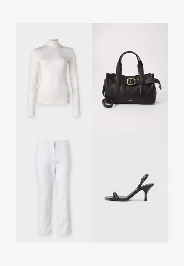 Haut à col roulé blanc à manches longues en tissu doux à la texture lisse. Présente un accent logo subtil sur le côté inférieur.; Pantalons en coton blancs avec une coupe droite, dotés d'une taille mi-haute et sans matériel ou motifs visibles. Texture lisse sur l'ensemble.; Sandales à talons hauts en cuir noir avec un talon fin et courbé et un design de brides croisées. Bride de cheville réglable. Texture lisse.; Sac à main en cuir noir présentant un design structuré, deux poignées supérieures, un accent de boucle en ton doré et un logo de la marque en relief à l'avant.