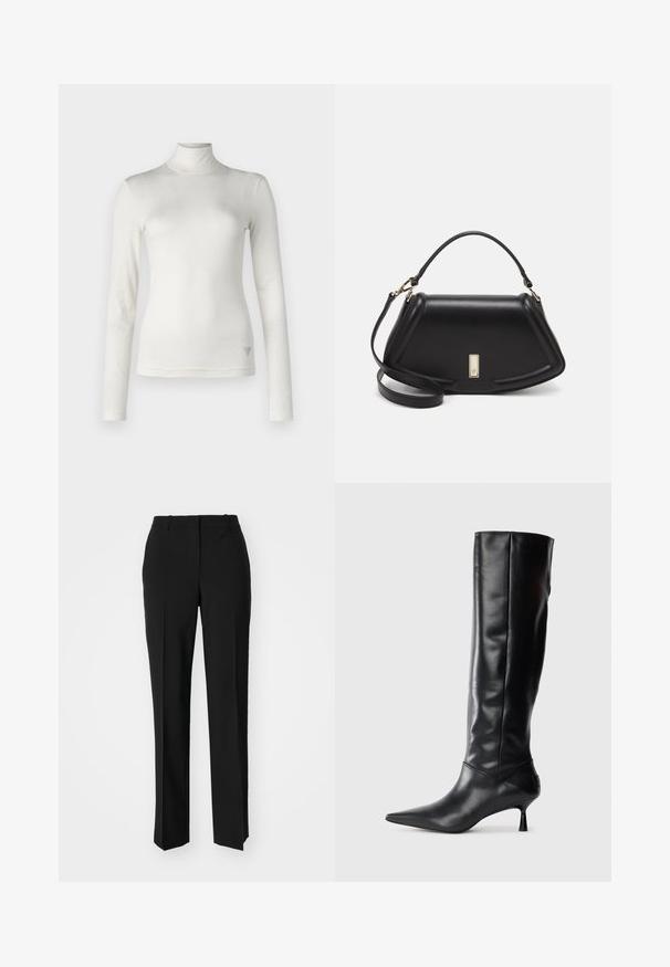 Balta ilga rankovė turtlenek marškinėlė, pagaminti iš minkštos medžiagos su glotnia tekstūra. Yra subtilus logotipo akcentas apatiniame šone.; Juodi pritaikyti kelnių modeliai su tiesiomis kojomis, pasižyminčios lygiomis tekstūromis ir ryškiomis klostėmis priekyje. Nėra matomų detalių.; Juodai odiniai iki kelių batai su smailiu pirštu ir plonu lenktu kulnu. Lygus paviršius, prigludęs dizainas ir be matomų detalijų ar raštų.; Juoda odinė rankinė su struktūrizuotu dizainu, turi trumpą formą, viršutinę rankeną ir auksinius akcentus. Pridėtas reguliuojamas peties diržas.