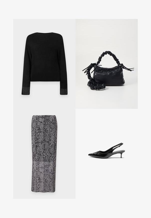 Svart stickad tröja med långa ärmar, prydd med silverfärgade nitar vid ärmsluten och ribbat fåll. Rund halsringning, mjukt material och avslappnad passform.; Maxiklänning i leopardtryck i svart och grått, med rak silhuett och lätt tyg med genomskinlig textur.; Svart läderslingback med spetsig tå, låg klack i kattunge-stil och veckdetalj på framdelen. Slät textur och minimalistisk design.; Svart faux läderhandväska med krokodiltextur, snodd topp och en skrämd rem. Ser mjuk och kompakt ut i designen.