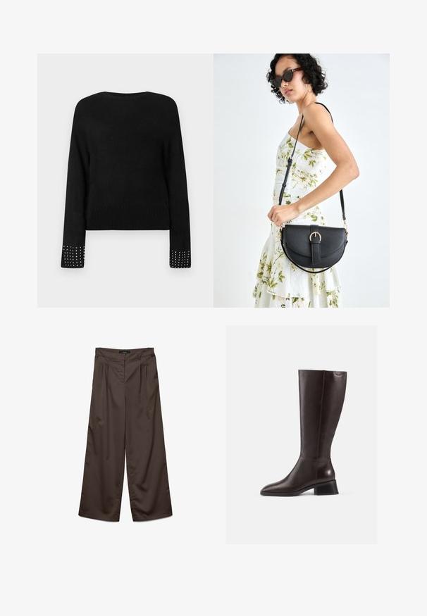 Juodas megztinis su ilgomis rankovėmis, puošiamas sidabrinėmis studelėmis ant rankogalių ir šonkačiu apdailoje. Apvalus iškirpimas, minkšta tekstūra ir laisvas siluetas.; Platus kelnes tamsiai rudos spalvos audinio su lygiu tekstūra. Ypatybės apima klostes priekyje ir standartinį juosmenį.; Knee-high rudos odinės botai su lygiu paviršiumi, apvaliu pirštu ir juodu aukštu kulnu. Paprastas dizainas su minimaliais detalėmis.; Juodas odinis krepšys su išlenkta forma, nuimamu dirželiu ir auksiniais detalėmis. Krepšys turi kilpą su sagtimi.