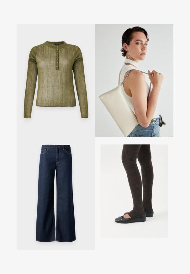 Olivengrøn langærmet skjorte med ribbet tekstur, rund halsudskæring og syv knapper langs stolpen foran.; Bredde ben jeans i mørkeblå denim. Har kontrastsyninger, fem lommer og en knaplukning i taljen. Glat tekstur.; Sorte flade sko med en lille sløjfedetalje ved tåen, parret med mørkebrune ribbede strømpebukser. Skoene har en glat overflade og lav profil.; Hvid rektangulær clutch-taske lavet af skinnende materiale, med en sølv kædetransport. Modellen poser, mens hun fremviser tasken mod en ensfarvet baggrund.