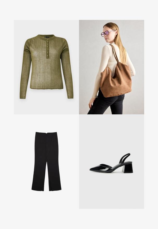 Olivgrünes langärmliges Hemd mit geripptem Textur, Rundhalsauschnitt und sieben Knöpfen entlang der Vorderseite.; Schwarze Hose mit geradem Schnitt, ausgestattet mit Fronttaschen und Seitenschlitzen am Saum. Hergestellt aus weichem, glattem Stoff. Geeignet für verschiedene Anlässe.; Schwarze Lackleder-Slingback-High Heels mit spitzem Schuh und einem geometrischen Blockabsatz. Verfügt über ein schlankes, minimalistisches Design und eine glatte Textur.; Braune Wildleder-Tasche mit weicher Textur, großer Öffnung und langen Trägern. Sie verfügt über ein simples Design mit sichtbarem Stich und ohne Beschläge.