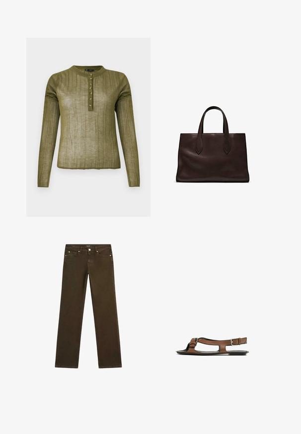 Olivengrøn langærmet skjorte med ribbet tekstur, rund halsudskæring og syv knapper langs stolpen foran.; Brune denimbukser med lige ben, der har fem lomme-design og metalknaplukning i taljen.; Brune lædersandal med åben tå og udskæringer på siden. Har en ankelrem med en metalspænde og en flad sål.; Brun læder tote bag med to forlængede håndtag, struktureret rektangulær form, glat overflade og subtile syninger.