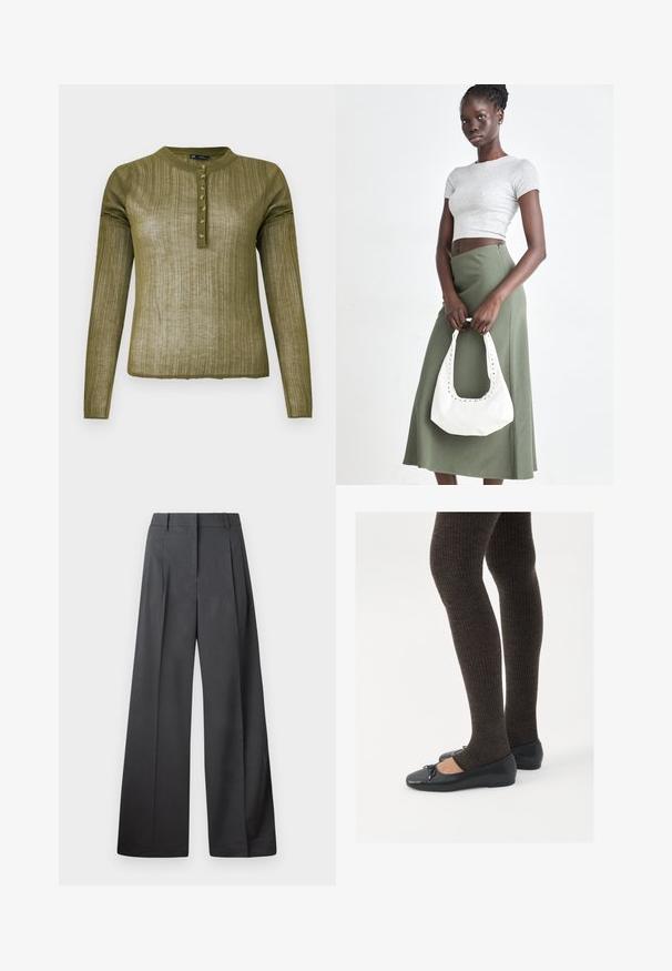 Camicia a maniche lunghe verde oliva con una texture a costine, scollo rotondo e sette bottoni lungo la patta davanti.; Pantaloni a gamba larga in tessuto grigio scuro, con vita alta, pieghe singole e una texture liscia con una finitura pulita sui orli.; Scarpe nere a flat con un piccolo fiocco sulla punta, abbinate a collant a coste marrone scuro. Le scarpe hanno una texture liscia e un profilo basso.; Top crop a coste grigio e gonna a vita alta verde oliva. Il modello tiene una borsa a spalla bianca con dettagli intagliati. Design semplice, silhouette aderente.