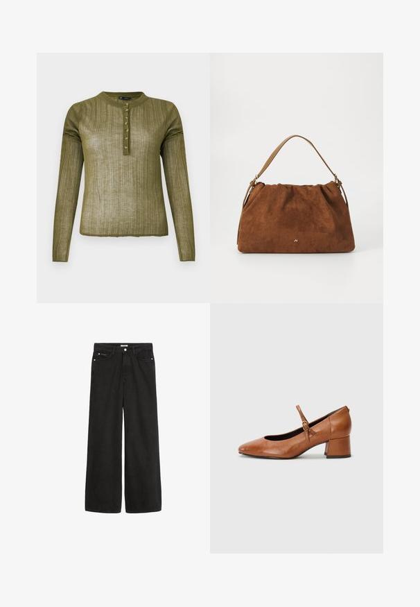Olivgrünes langärmliges Hemd mit geripptem Textur, Rundhalsauschnitt und sieben Knöpfen entlang der Vorderseite.; Schwarz denim Weitbein-Hose mit hoher Taille. Verfügt über fünf Taschen, Metallbeschläge und eine saubere Verarbeitung. Die Textur ist glatt und weich.; Tamaris Pumps - cognac; Braune Wildlederhandtasche mit einem gerafften Design, ausgestattet mit einem einzelnen hellbraunen Ledertragegurt und einem subtilen goldenen Logo-Detail auf der Vorderseite.