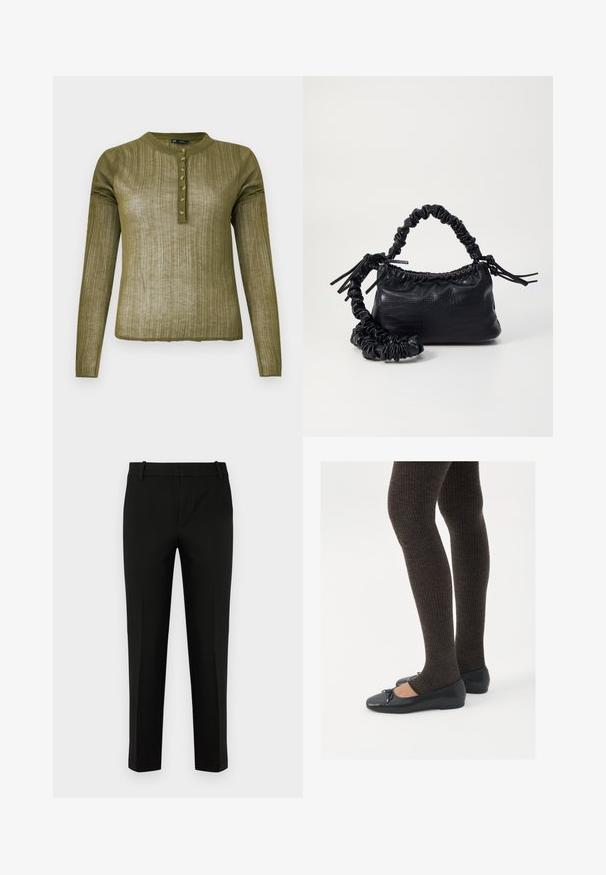 Cămașă verde măslinie cu mânecă lungă, cu o textură cu nervuri, decolteu rotund și șapte butoane de-a lungul plăcii din față.; Pantaloni negri cu croi slim, având fața plată, buzunare laterale și o textură fină. Construiți cu talie medie și picioare taperate.; Pantofi negri cu un detaliu mic de fundiță la vârf, asortați cu colanți maro închis, cu textură ondulată. Pantofii au o textură netedă și un profil joase.; Geantă din faux leather neagră cu textură de crocodil, cu partea superioară strânsă și o curea mototolită. Pare moale și compactă ca design.