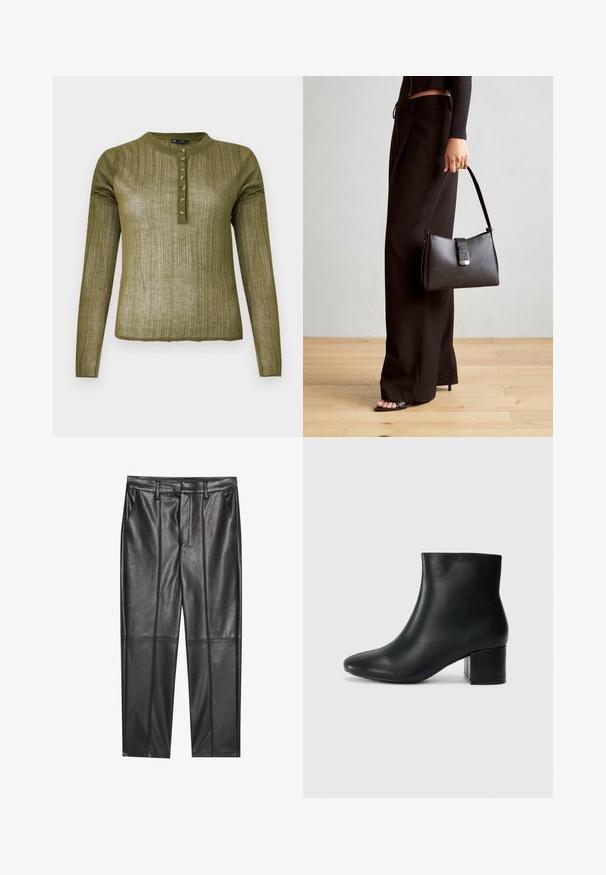 Olivgrünes langärmliges Hemd mit geripptem Textur, Rundhalsauschnitt und sieben Knöpfen entlang der Vorderseite.; Schwarze Lederhosen mit glatter Textur, gerader Passform, zwei Fronttaschen und sichtbaren Nahtdetails.; Schwarze Leder-Ankle-Boots mit spitzem Zehenbereich und klobigem Absatz. Glatte Textur mit minimalen Akzenten und einem eleganten, taillierten Design.; Schwarze Handtasche mit strukturierter Form, glatter Textur und einem metallischen Verschluss. Kombiniert mit weiten schwarzen Hosen und offenen Sandalen auf einem Holzboden.