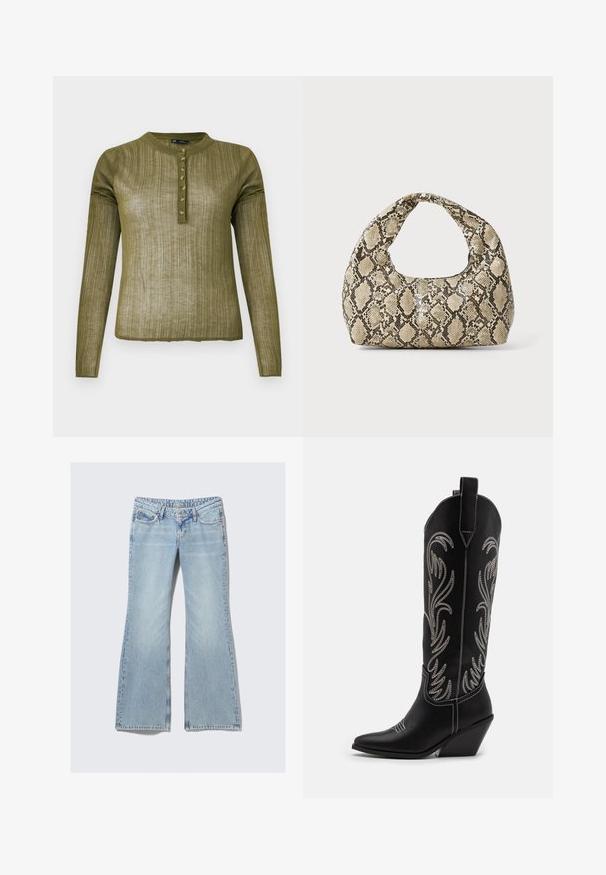 Tamsiai alyvuogių žalios spalvos ilgomis rankovėmis marškiniai su raibuliuojančia tekstūra, apvaliu iškirpimu ir septyniais mygtukais priekyje.; Weekday NOVA - Prigludę džinsai - lip blue; Juodi oda kaubojiški batai su smailiu nosiu, stulpeliu ir sidabriniais siuvinėti gėlių raštais palei šoną. Kontrastingas siuvinėjimas visoje bato dalyje.; Gyvatės rašto rankinė su kreiviu rankenėle. Pagaminta iš tekstūruotų smėlio ir rudos spalvos medžiagų, su išskirtiniu rombo raštu.