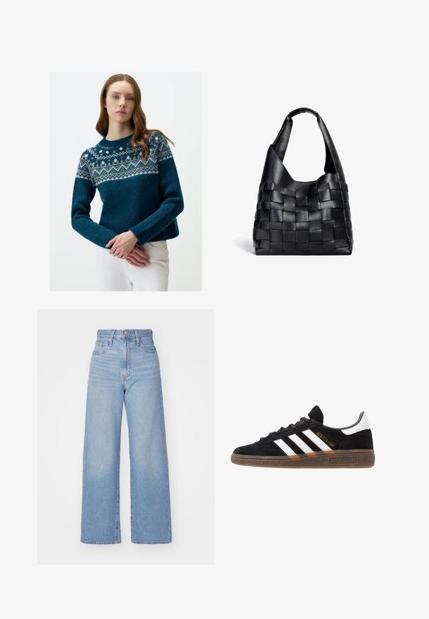 Türkisfarbener Strickpullover mit einem gemusterten Einsatz in Weiß und Beige, gerippten Ärmeln und einem verkürzten Design. Glatte Textur mit langen Ärmeln.; Hellblaue High-Waist-Weite-Leg-Jeans mit Knopf- und Reißverschluss vorne, Vorder- und Rückentaschen, auf weißem Hintergrund.; Schwarzer Adidas Sneaker mit weißen Streifen, goldenem "Spezial"-Text, Gummisohle und weißem Fersenbereich, seitliche Ansicht.; Schlichte schwarze Ledertasche mit geflochtenem Design, in lässiger Form und breitem Schulterriemen. Sie verfügt über eine strukturierte, verflochtene Optik mit glatter Oberfläche.