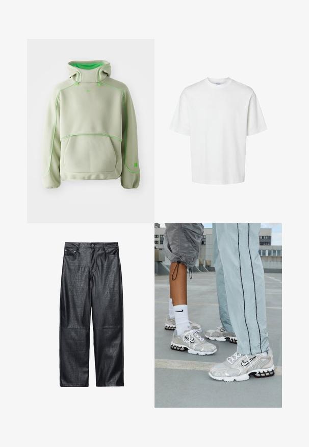 Hoodie verde-claro feito de um tecido suave, com detalhes em verde-neon, gola alta e um bolso frontal. Logo visível no peito.; T-shirt branca de algodão com mangas curtas, decote redondo e um corte solto. Textura suave sem padrões ou detalhes visíveis.; Calças largas de imitação de pele de crocodilo pretas, apresentando uma textura de croco, design tradicional de cinco bolsos e detalhes em botão e rebites prateados.; Ténis de desporto Nike em material de malha prateada, com atacadores brancos, um logo Swoosh preto e uma sola de amortecimento em negro e vermelho.