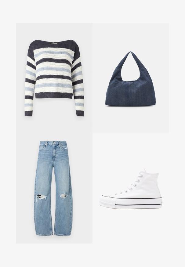 Megzta svetteris su plačiu iškirpimu, su mėlynomis, šviesiai mėlynomis ir baltomis horizontaliomis raštais. Tekstūruotas audinys ir ilgomis rankovėmis.; Šviesiai mėlynos, aukštu juosmeniu džinsai pagaminti iš džinsinio audinio. Turi plačias kojų kelnes, dvi suplėšytas kelio vietas ir klasikinį penkių kišenių dizainą.; Balti aukštakulniai drobės sportbačiai su juodu guminio pado, priekinio guminio piršto dangteliu ir šešiais akytėmis raištams, pasižymintys švariu, minimalistiniu dizainu.; Tamsiai mėlynas džinsinis krepšys su minkšta, laisva forma, su hobo stiliaus rankena ir tekstūruota paviršiumi. Nėra matomų metalo detalių.