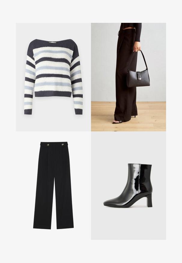 Strickpullover mit weitem Halsausschnitt, ausgestattet mit horizontalen Streifen in Marineblau, Hellblau und Weiß. Strukturiertes Material und lange Ärmel.; Schwarze weite Hosen mit hoher Taille, Knopfdetails am Bund und vorderen Falten.; Schwarzer Lackleder-Stiefelette mit spitzer Zehe und einem mittelhohen Blockabsatz. Glatte Textur und minimalistisches Design.; Schwarze Handtasche mit strukturierter Form, glatter Textur und einem metallischen Verschluss. Kombiniert mit weiten schwarzen Hosen und offenen Sandalen auf einem Holzboden.