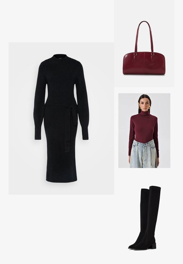 Bordeaux turtleneck bodysuit van zacht materiaal, gecombineerd met lichtblauwe high-waisted distressed denim jeans met zakken.; Zwarte gebreide jurk met lange mouwen, een hoge halslijn en een strik in de taille. De silhouet is aansluitend, met een rechte midi-lengte zoom.; Zwarte over-de-knie laarzen van zacht, textuurmateriaal. Voorzien van een blokhak, puntige neus en zichtbare naaddetails.; Zign LEATHER - Handtas - dark red