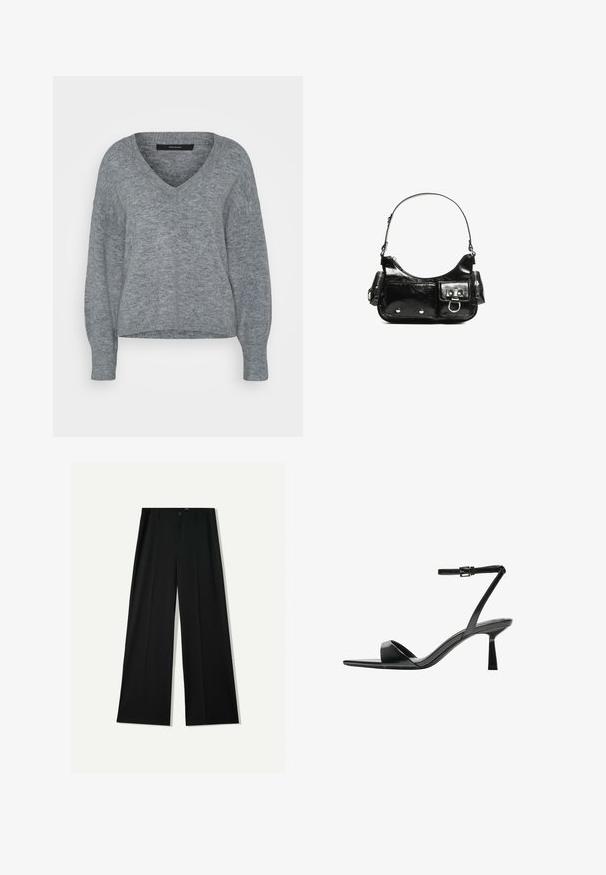 Vero Moda Tall VMJUPITER szary melanż; Bershka WIDE czarny; Bershka - Sandały na obcasie; Czarna torebka z lakierowanej skóry o zaokrąglonym kształcie, z jednym paskiem na ramię, przednimi kieszeniami i akcentami w kolorze srebrnym.