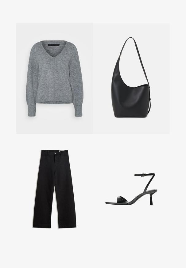 Vero Moda Tall VMJUPITER V NECK PULLOVER - Pulover - medium grey melange; Črne široke denim hlače z visokim pasom, ki imajo sprednje in zadnje žepe, šivane šive ter gumbasto zapiranje. Gladka tekstura.; Bershka Sandali z visoko peto - black; Črna usnjena hobo torba z gladko teksturo, ukrivljeno obliko in eno nastavljivo naramnico; ima širok odprtina na vrhu.