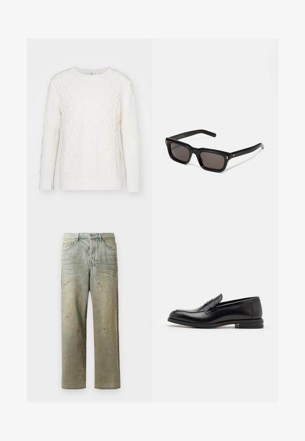 Valkoinen neulepusero, jossa on klassinen ribattu pyöreä kaula-aukko, tekstuuriset pinnat ja palmikkoneulekuviot edessä ja hihoissa.; Vaaleanvihreät kulutetut farkut suoran lahkeen, viiden taskun muotoilun ja epätasaisen haalistumisen sekä maalikohoumiin kanssa.; Mustat nahkakengät, joissa on sileä pinta, pyöreä kärki ja koristeellinen nauha jalkapöydän yli. Matala pinoitu koroke, minimalistinen muotoilu.; Mustat suorakulmaiset aurinkolasit tummilla linsseillä, paksu muovikehys, kultaiset korostukset temppeleissä ja brändin logo kaiverrettuna varteen.