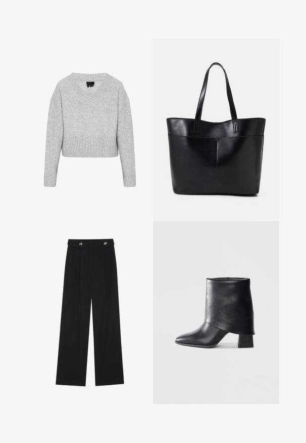Grå, kort sweater lavet af blødt strikstof med V-hals, ribbet kant og brede ærmer. Har en let, tekstureret fremtoning.; Sorte vide bukser med høj talje, knapdetaljer på taljebåndet og frontfald.; Sort læder ankelstøvle med spids tå, glat tekstur og en struktureret blokhæl. Har et højt, foldet kravedesign.; Sort læder tote taske med to lange håndtag, en glat tekstur og en struktureret form. Har en forlommem for ekstra opbevaring.