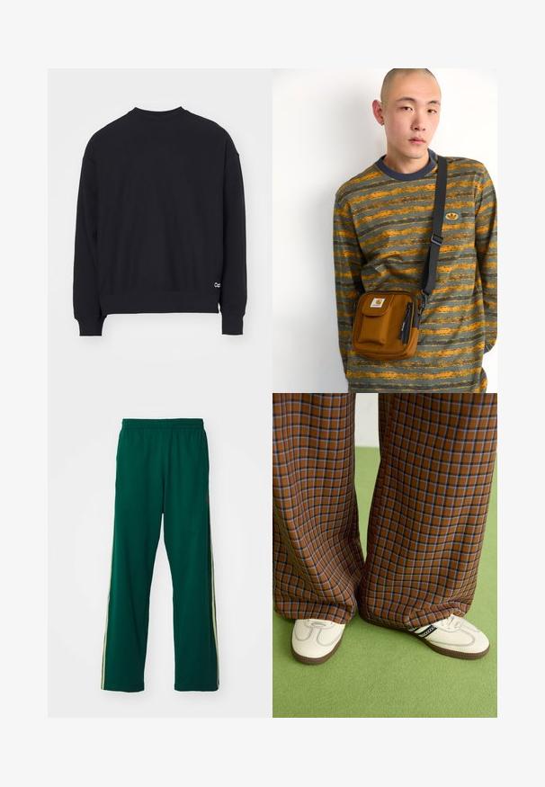 Felpa nera con colletto a girocollo, maniche lunghe, polsini e orlo a coste. Presenta un piccolo logo bianco sul lato sinistro in basso.; Pantaloni tuta verdi realizzati in tessuto elastico, con strisce gialle laterali, una cintura elastica e una vestibilità comoda.; Pantaloni a pieghe larghi a quadri marroni e blu abbinati a scarpe bianche con dettagli neri e suole testurizzate, posizionati su uno sfondo verde.; Borsa a tracolla in tessuto marrone con zip e tasca frontale; indossata sopra una maglietta a maniche lunghe grigia e arancione a righe con toppa del logo.