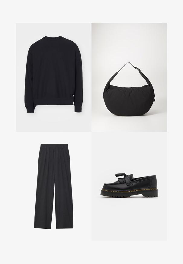 Mustat college-paidat, joissa on pyöreä kaula-aukko, pitkät hihat, ribbireunat hihansuissa ja helmassa. Alareunassa on pieni valkoinen logo vasemmalla puolella.; Suorat lahkeet valmistettu tummanharmaasta kankaasta. Ominaisuuksiin kuuluu laskokset vyötäröllä, muotoilu on siisti ja siluetti suora.; Musta nahkakengät, joissa on tupsuakkentti, paksu musta pohja ja keltainen ommel reunassa. Rakeinen pinta.; Musta kangaskassi, joka on kaarevamuotoinen, yksi olkahihna ja vetoketjukiinnitys. Pehmeä rakenne, minimalistinen muotoilu.