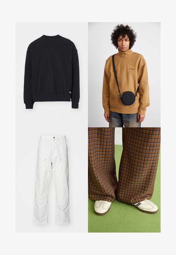 Svart hettegenser med rund hals, lange ermer, ribbede mansjetter og hem. Har en liten hvit logo på nederste venstre side.; Hvite bomullscargo bukser med avslappet passform. Funksjoner inkluderer frontlommer, gullfargede detaljer og forsterkede knepartier.; Brune og blå rutete vide bukser sammen med hvite sko med svarte detaljer og teksturerte såler, satt mot en grønn bakgrunn.; Brun kvart-zip fleece genser med brodert logo, med en svart rund crossbody bag med glidelås og logodetalj, båret over denim.