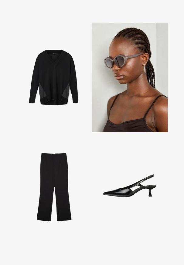 Černý pulovr s výstřihem do V a dlouhými rukávy, s žebrovanými manžetami a lemem, s saténovými bočními panely a uvolněným, mírně asymetrickým střihem.; Černé kalhoty s rovným střihem, s předními kapsami a bočními rozparky na lemu. Vyrobené z jemné, hladké tkaniny. Vhodné na různé příležitosti.; Černé lakované lodičky na podpatku se špičatou špičkou, výřezovým designem na boku a malým čtvercovým podpatkem. Hladká textura s minimálními akcenty.; Šedé oversized sluneční brýle s kulatým tvarem a tmavými skly. Elegantní plastový rám s hladkým povrchem. Modelka má copánky.