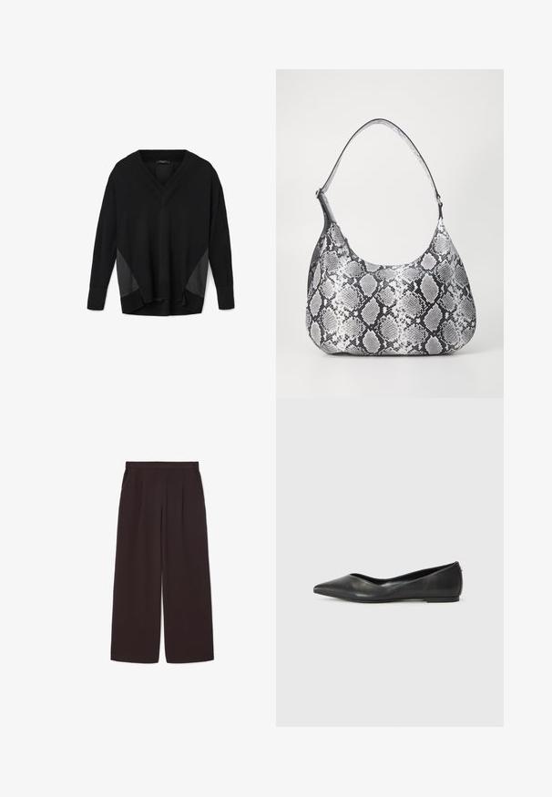 Črn pulover z dolgimi rokavi in V-izrezom, z rebrastimi manšetami in robom, ki vključuje satenske bočne panele ter sproščen, rahlo asimetričen kroj.; Temno rjave široke hlače iz lahkega materiala, z visokim pasom, naborki in dvema stranskima žepoma, ter elastičnim pasom.; Črne usnjene balerinke s koničastim noskom, nizko peto in gladko teksturo. Minimalističen dizajn s subtilnim stranskim naglasom.; Črna in bela torbica s motivom kače, za ramo, zaobljene oblike, gladke teksture in ukrivljenega traku. Ima srebrne kovinske dodatke.