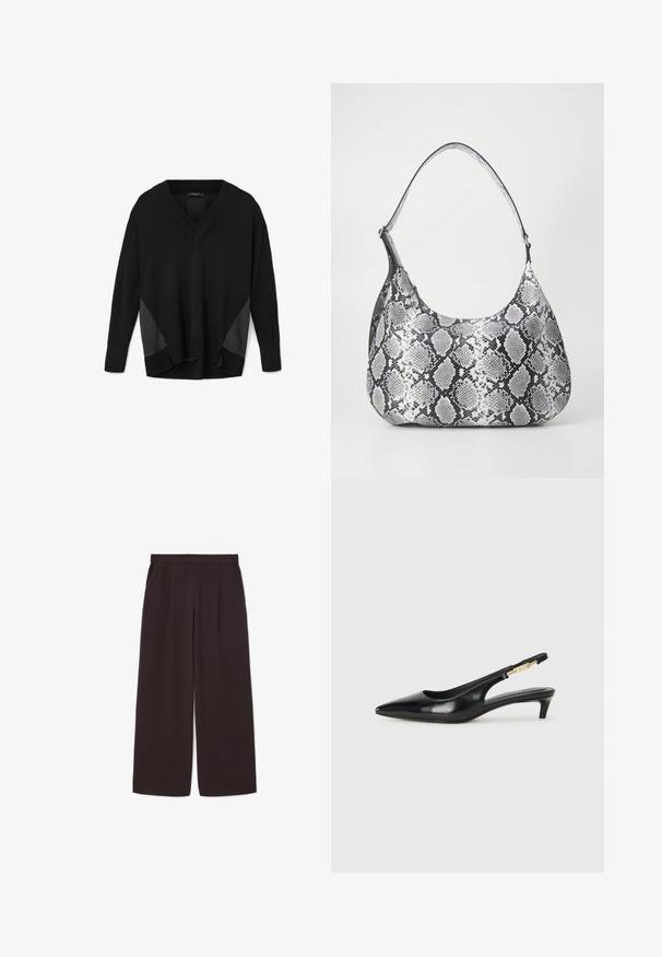 Črn pulover z dolgimi rokavi in V-izrezom, z rebrastimi manšetami in robom, ki vključuje satenske bočne panele ter sproščen, rahlo asimetričen kroj.; Temno rjave široke hlače iz lahkega materiala, z visokim pasom, naborki in dvema stranskima žepoma, ter elastičnim pasom.; Črne usnjene sandale na peto z ostro konico, ki imajo tanko peto in zlat ton na nastavljivem traku. Gladka tekstura.; Črna in bela torbica s motivom kače, za ramo, zaobljene oblike, gladke teksture in ukrivljenega traku. Ima srebrne kovinske dodatke.