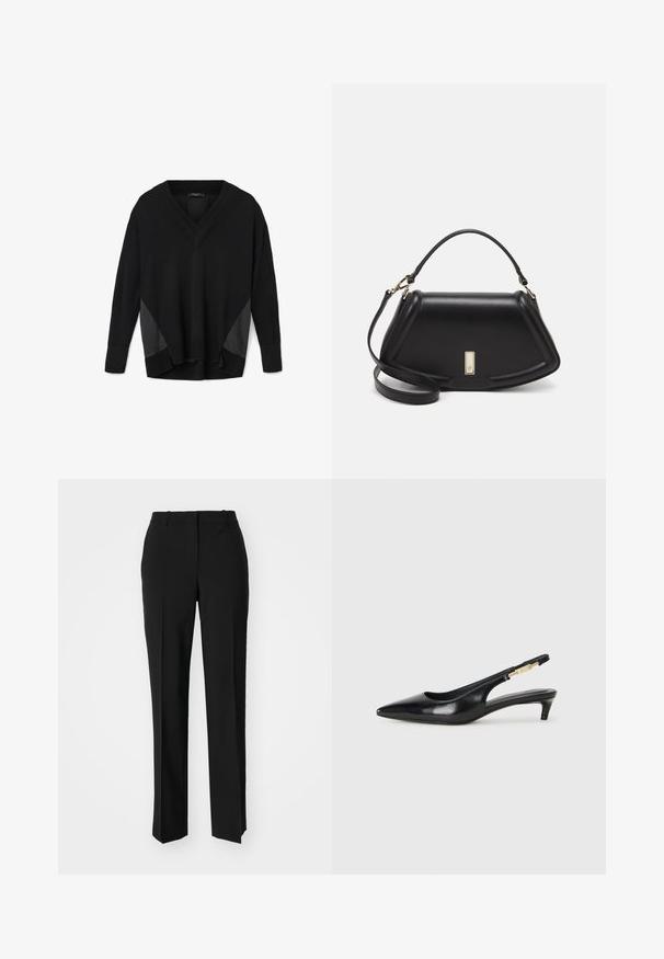 Black V-neck long-sleeve pullover with ribbed cuffs and hem, featuring satin-like side panels and a relaxed, slightly high-low fit.; Black tailored trousers with a straight-leg design, featuring a smooth texture and crisp creases along the front. No visible hardware.; Black leather slingback heels with a pointed toe, featuring a slim heel and a gold-tone accent on the adjustable strap. Smooth texture.; Black leather handbag with a structured design, featuring a cropped shape, top handle, and gold hardware accent. Adjustable shoulder strap included.