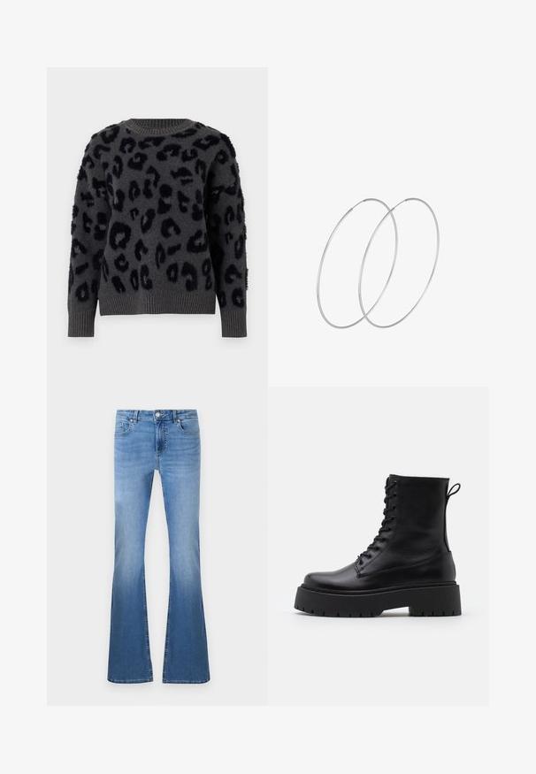 Maglione grigio in morbido tessuto con stampa leopardata nera, scollatura rotonda e polsini e orlo a coste. I patch testurizzati aggiungono dimensione.; Jeans a zampa d'elefante blu chiaro con una finitura sbiadita, dotati di chiusura frontale con bottone e zip, stile a cinque tasche e dettagli di cucitura visibili.; Stivaletti in pelle nera alla caviglia con punta rotonda, lace-up frontale e suola in gomma spessa con battistrada textured. Tassello sul retro.; Orecchini a cerchio in argento con un design minimalista. Forma circolare, superficie liscia e profilo sottile. Leggeri con una finitura lucida.