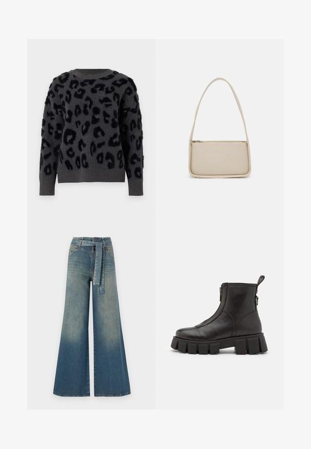 Hall hall ja pehmeast kangast hallipullover musta leopardimustriga, ümmargune kaelus ning soonikotsad ja -äär. Tekstuuriga plaastrid lisavad kolmemõõtmelisust.; Laiad denimpüksid, millel on hele tume sinine gradiendiefekt, kõrge vöökoht, vöökumlid ja sobivast kangast vöö. Struktureeritud denimi viimistlus.; Mustad nahast puanikud, millel on paks, sooneline tallak, külgmine tõmblukk ja tõmbeaas taga. Sile tekstuur ja minimaliistlik disain.; Even&Odd Käekott - off white