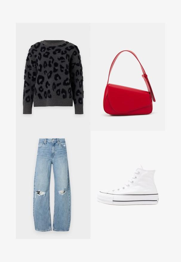 Gray sweater in soft fabric featuring a black leopard print, round neckline, and ribbed cuffs and hem. Textured patches add dimension.; Light blue, high-waisted jeans made of denim. Feature wide legs, two torn knee areas, and classic five-pocket styling.; White high-top canvas sneaker with black rubber sole, front rubber toe cap, and six eyelets for laces, featuring a clean, minimalist design.; Red leather handbag with an angular, geometric design. Features a single adjustable strap and a flap closure with stitched detailing.