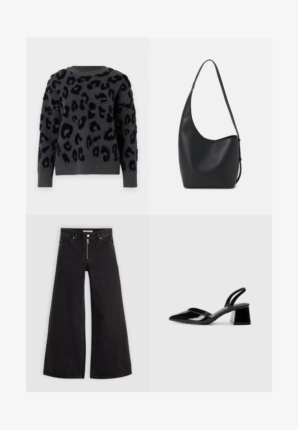 Pull gris en tissu doux avec imprimé léopard noir, col rond et finitions côtelées aux poignets et à l'ourlet. Des empiècements texturés ajoutent de la dimension.; Jean large en denim noir avec une fermeture éclair à l'avant, un design à cinq poches et des détails de couture subtils. Texture lisse et style décontracté.; Escarpins en cuir verni noir avec bout pointu et talon bloc géométrique. Présente un design élégant et minimaliste ainsi qu'une texture lisse.; Sac hobo en cuir noir avec une texture lisse, une forme incurvée et une seule sangle réglable ; dispose d'une large ouverture en haut.