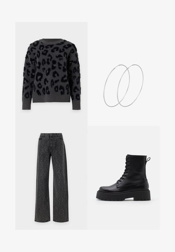 Grauer Pullover aus weichem Stoff mit schwarzem Leopardenmuster, Rundhalsausschnitt und gerippten Bündchen und Saum. Strukturierte Einsätze sorgen für Dimension.; Noisy May NMJANNEL LOOSE - Jeans Relaxed Fit - black denim; Schwarze Lederstiefeletten mit runder Zehenpartie, Schnürung vorne und einer dicken Gummisohle mit strukturiertem Profil. Mit Zugschlaufe an der Rückseite.; Silberne Creolen mit minimalistischem Design. Rundform, glatte Oberfläche und dünnes Profil. Leichtgewichtig mit hochglänzender Oberfläche.