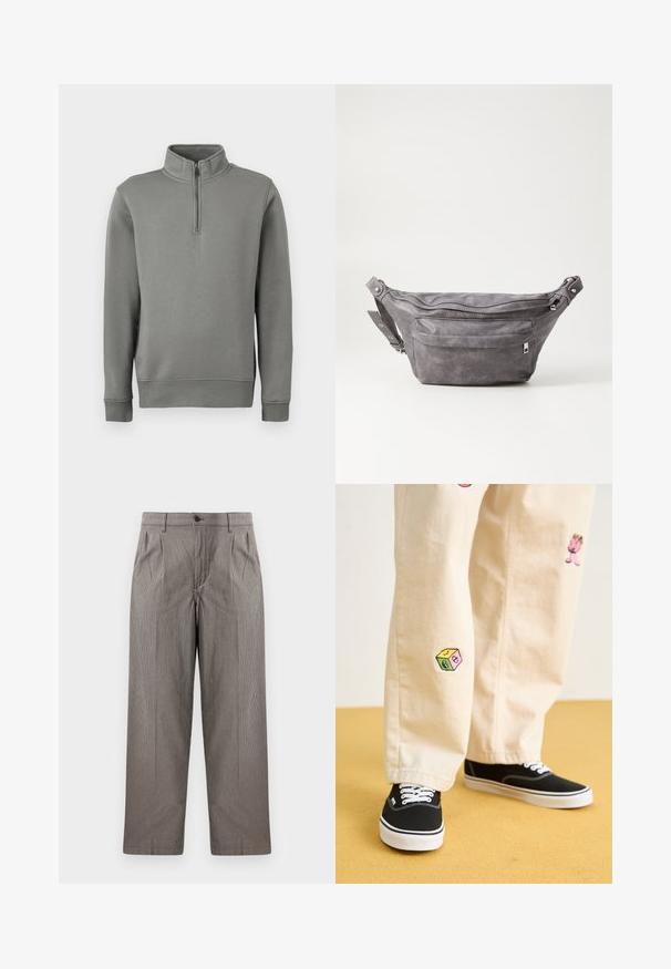 Szürke pulóver, félig cipzáros gallérral, bordás mandzsettákkal és egyenes aljjal. Puha anyagból készült, sima felülettel.; Szürke hounds-tooth mintás nadrág, egyenes fazonnal, redőkkel, gombos derékrésszel és oldalsó zsebekkel.; Beige pamut nadrág játékos hímzett mintákkal, beleértve egy rózsaszín karaktert és színes blokkot, fekete fűzős tornacipővel párosítva.; Szürke velúr övtáska kerek formával, két cipzáras rekesszel és állítható pánttal. Fém dekorációval rendelkezik.