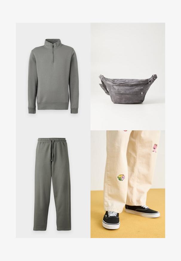 Šedý pulovrový svetr s polo zipem, ribovanými manžetami a rovním lemem. Vyrobeno z měkké tkaniny s hladkou strukturou.; Šedé tepláky vyrobené z měkké tkaniny s elastickým pasem a stahovací šňůrkou; mají rovný střih nohavic a minimální detaily šití.; Béžové bavlněné kalhoty s hravými vyšívanými vzory, včetně růžové postavičky a barevného bloku, v kombinaci s černými šněrovacími teniskami.; Šedý semišový ledvinka s kulatým tvarem, dvěma zipovými přihrádkami a nastavitelným popruhem. Obsahuje kovové akcenty.